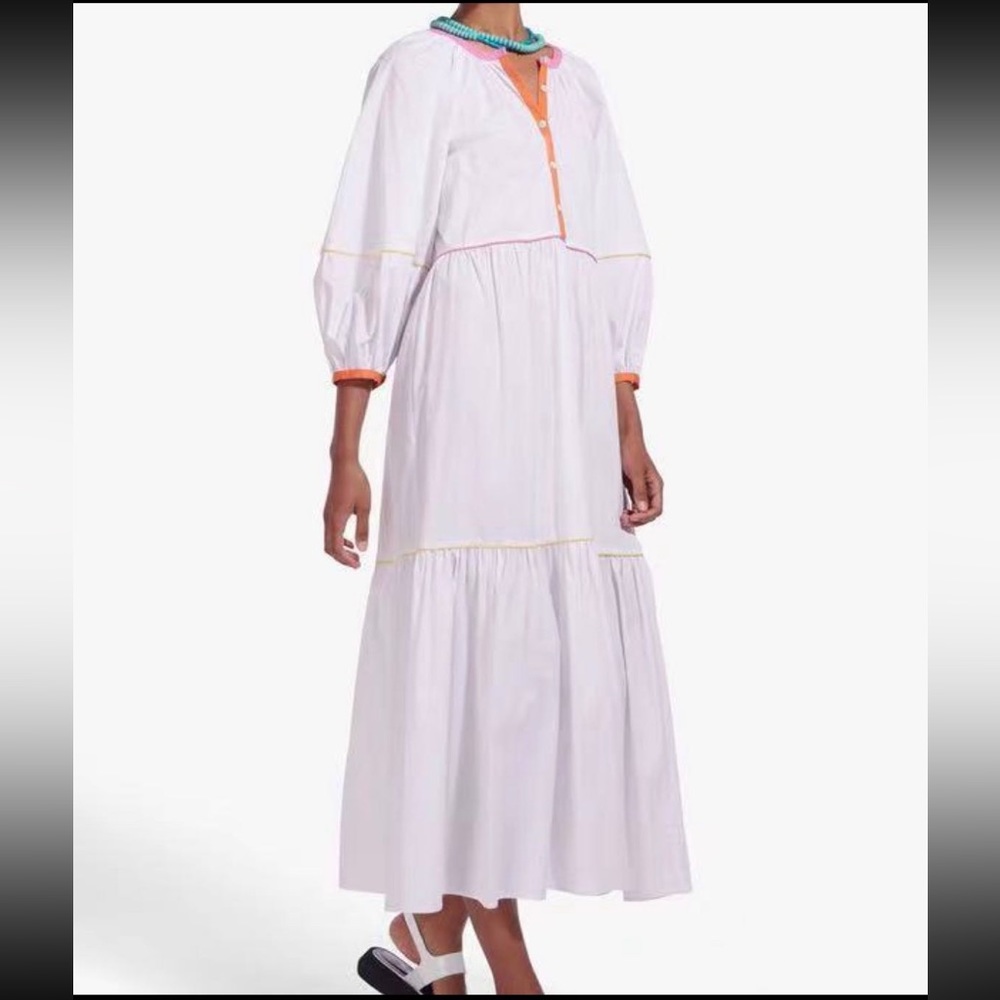 Staud Tiered Maxi Dress White Multicolor Piping Puff Sleeve Poplin size S NWT